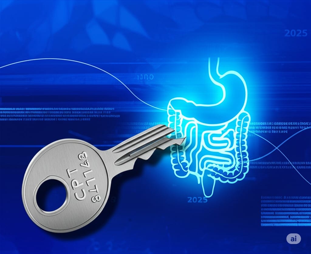 Unlocking 2025 CPT codes for abdomen and pelvis scans with and without contrast using a conceptual key graphic.