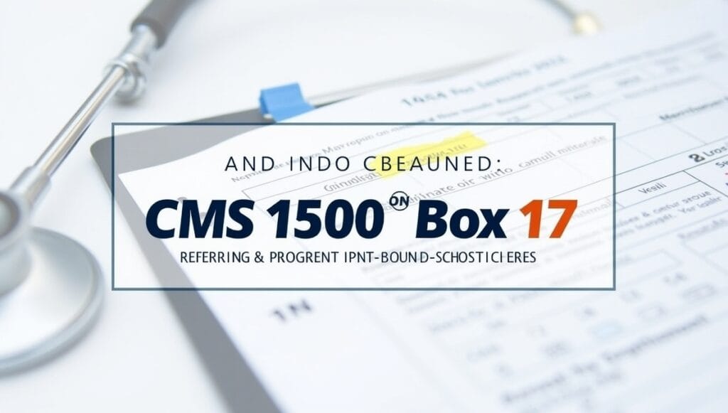 CMS-1500 form with Box 17 highlighted, clipboard and stethoscope on medical desk, explaining referring and ordering physicians