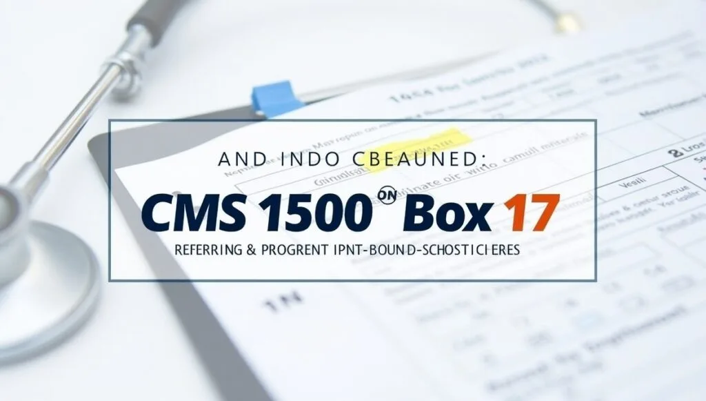 CMS-1500 form with Box 17 highlighted, clipboard and stethoscope on medical desk, explaining referring and ordering physicians