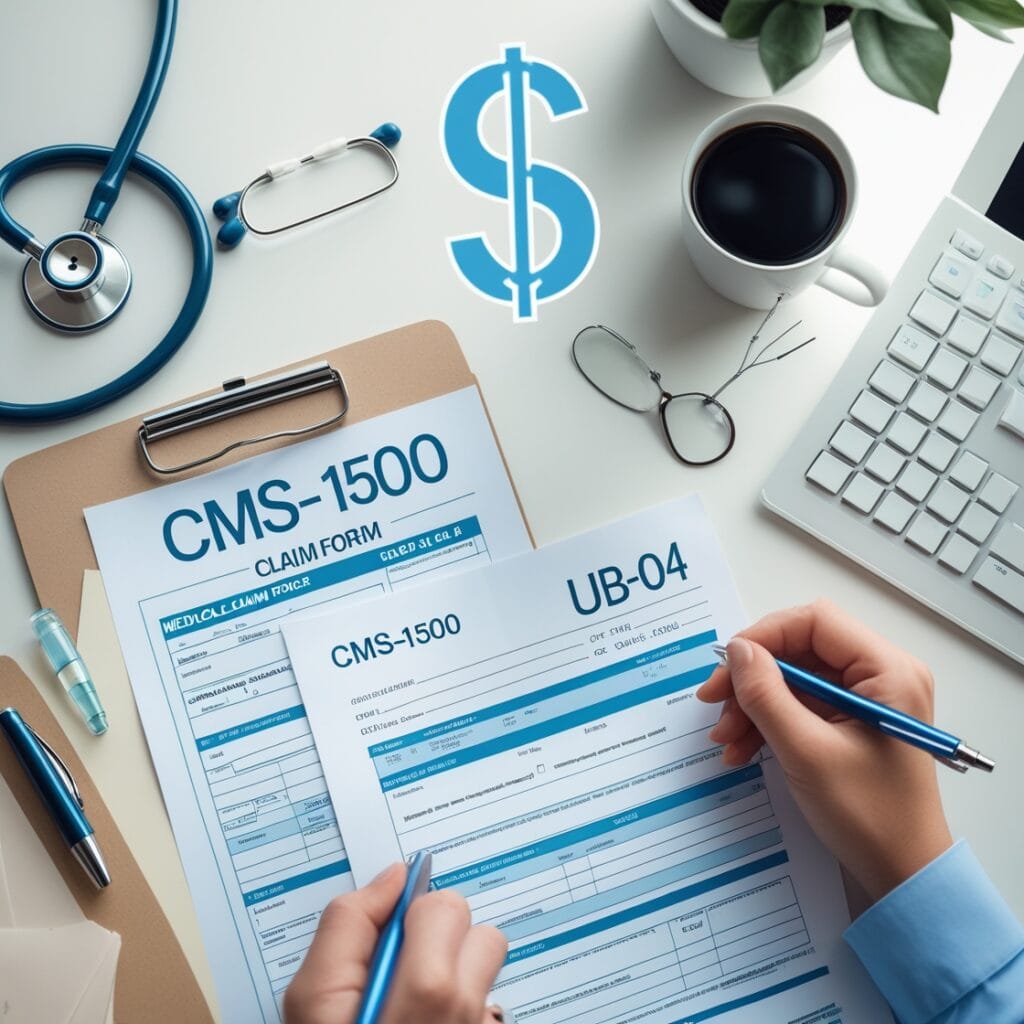 Overhead view of a medical billing desk with CMS-1500 and UB-04 forms, stethoscope, pen, and glasses