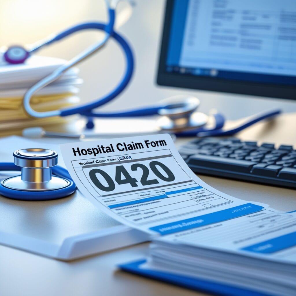 Medical billing UB-04 form showing revenue code 0420 for 2025 physical therapy claims, with stethoscope and folder background
