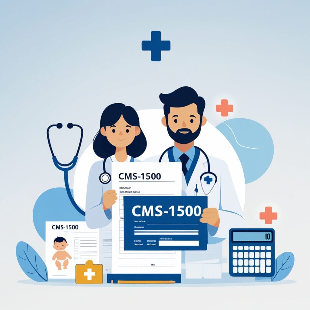 Illustration of a doctor reviewing CMS-1500 medical billing form with twin baby icons and Medicaid symbol