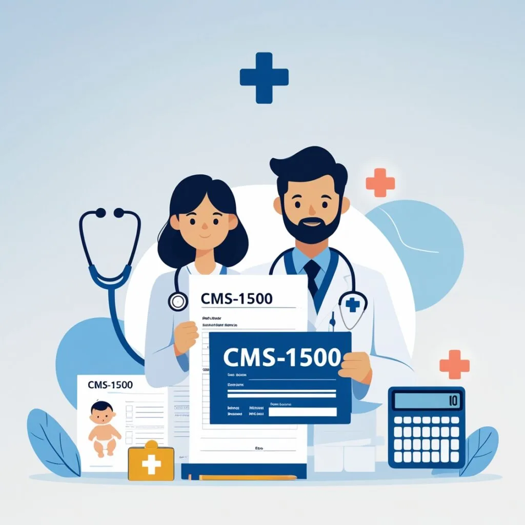 Illustration of a doctor reviewing CMS-1500 medical billing form with twin baby icons and Medicaid symbol