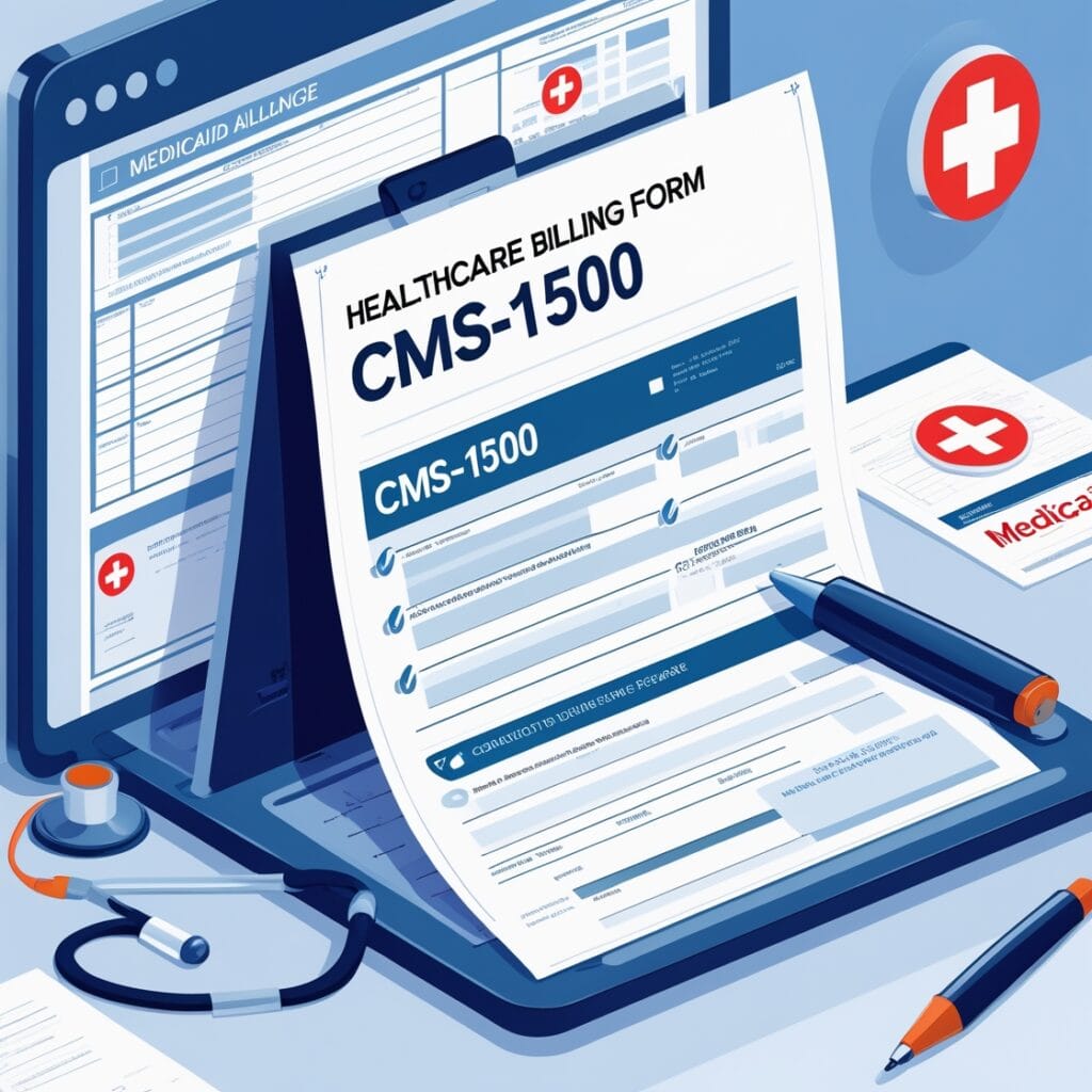 Illustration of CMS-1500 medical billing form with Medicaid card, computer screen, and checkmarks showing correct secondary claim submission.