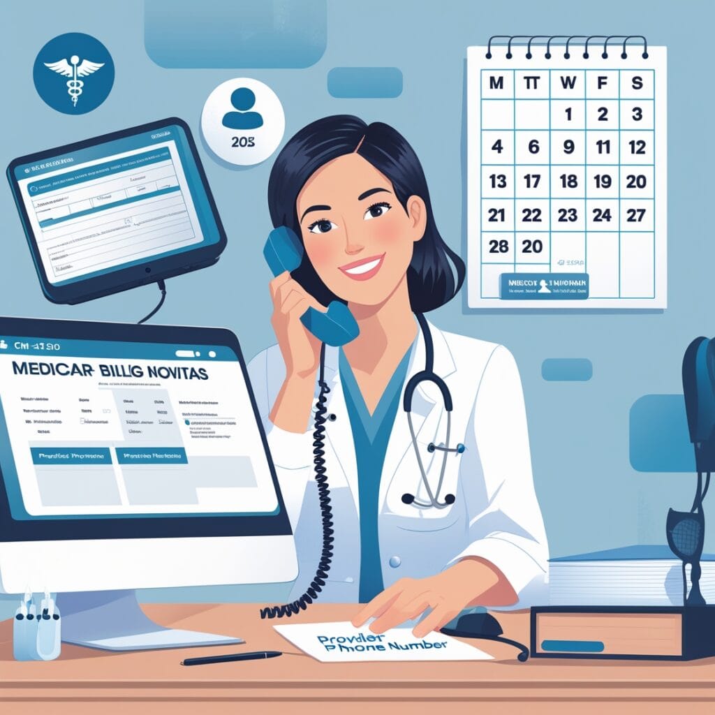 Medical billing professional calling Medicare Novitas provider phone number in 2025 for claims support.
