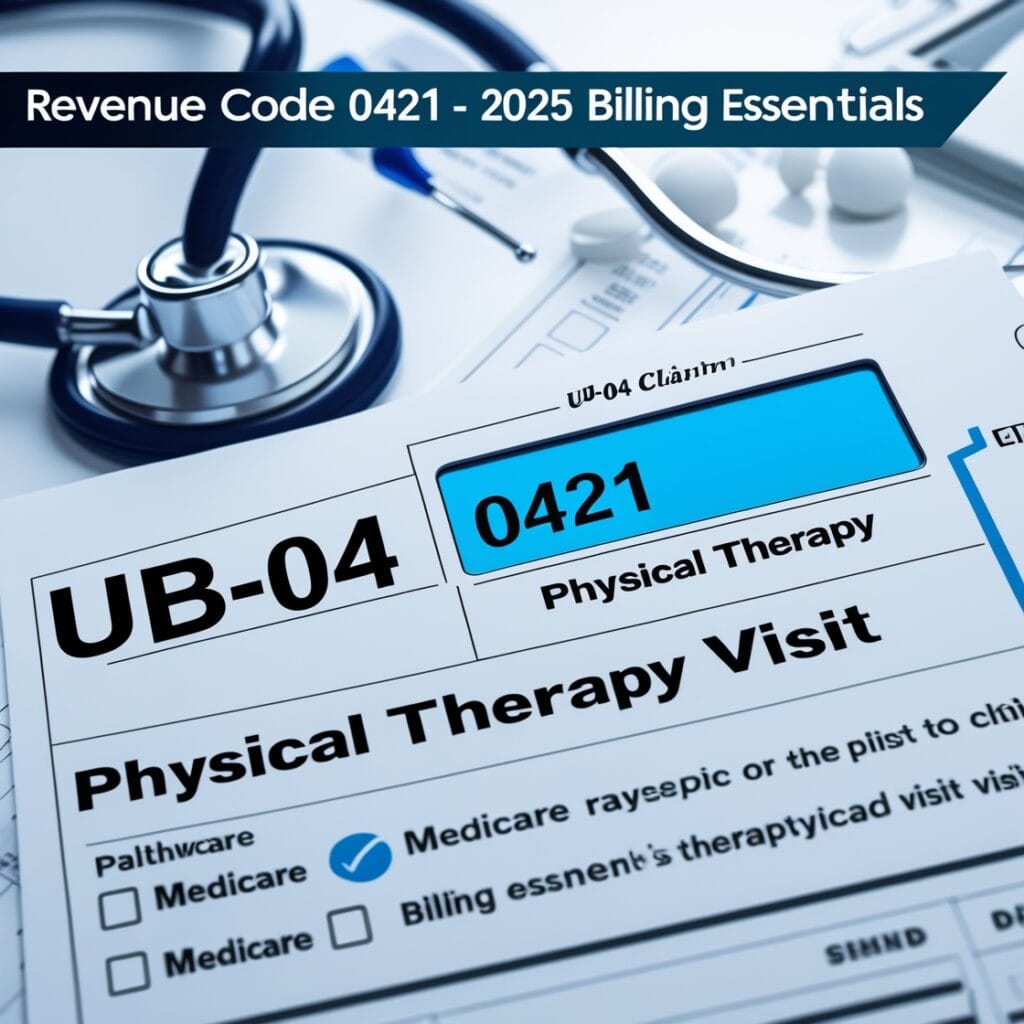 Revenue Code 0421 highlighted on a UB-04 form for physical therapy billing in 2025